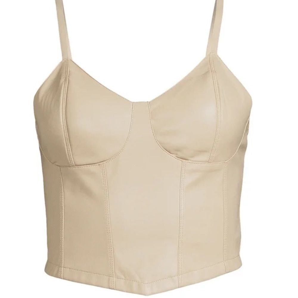 Madden Nyc Women's Bustier Faux Leather buttery soft Beige smocked Crop Top Sz L
